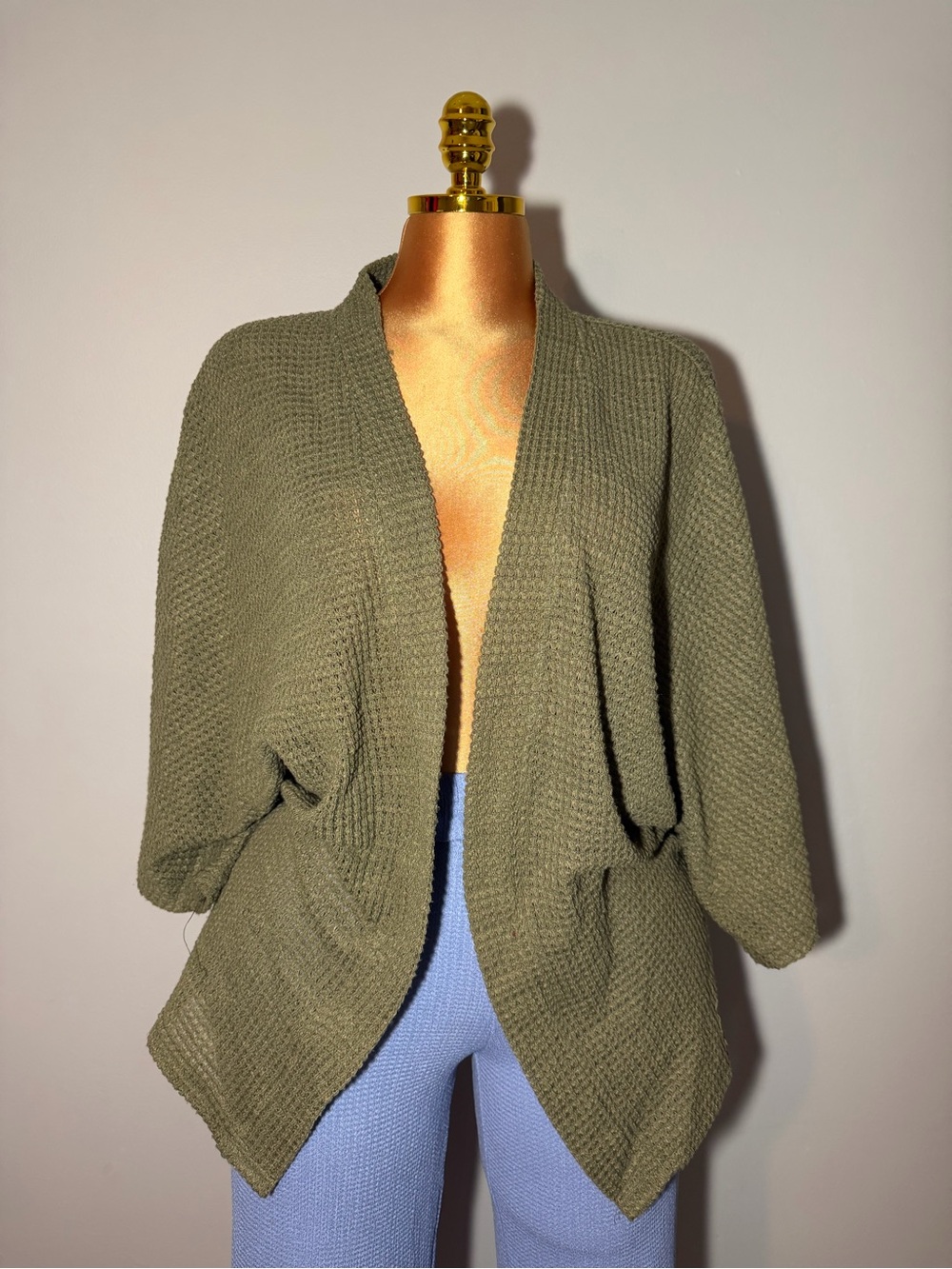Open-Front Olive Green Waffle Knit Cardigan for Women